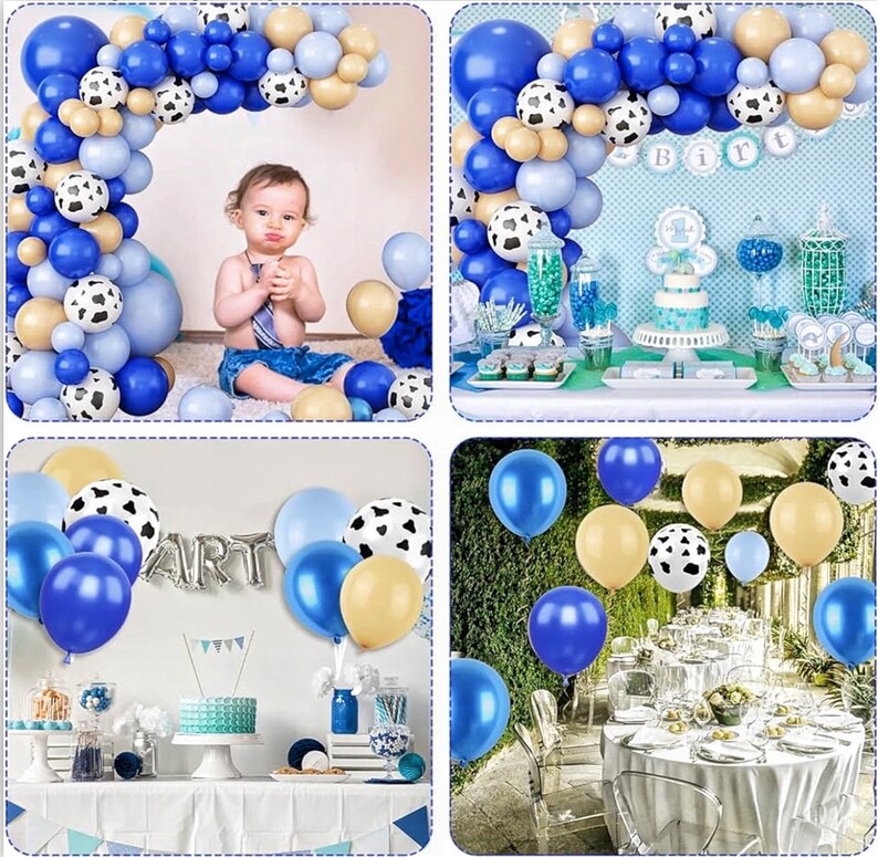 Blue Balloon Garland Kit with Cow Print | Farm Birthday Balloon Arch | Blue Gold Balloon Arch Kit | Baby Boy Party Decorations | Balloon