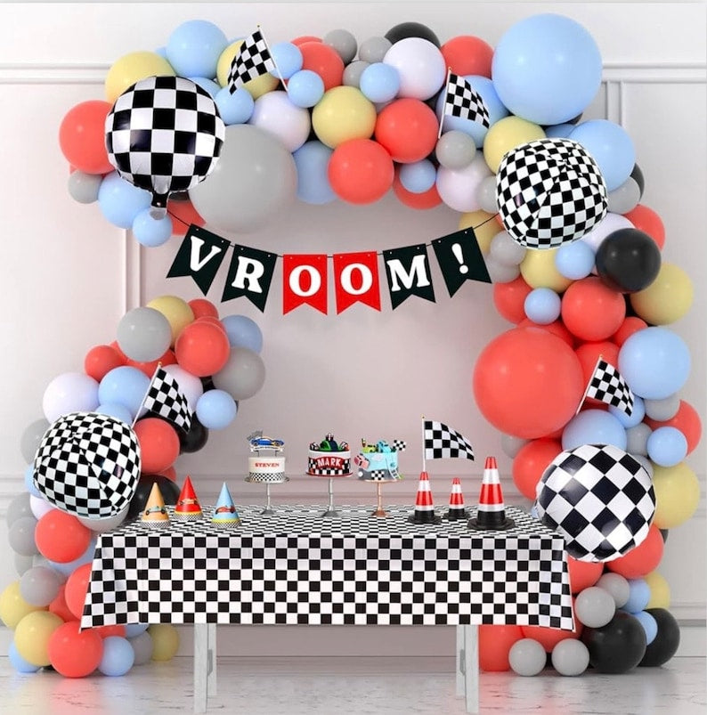 Race Balloon Garland Arch Kit Pastel Coral Gray Yellow Baby Blue Black White Balloons with Checkered Foil Balloons Tablecloth Flag Banner