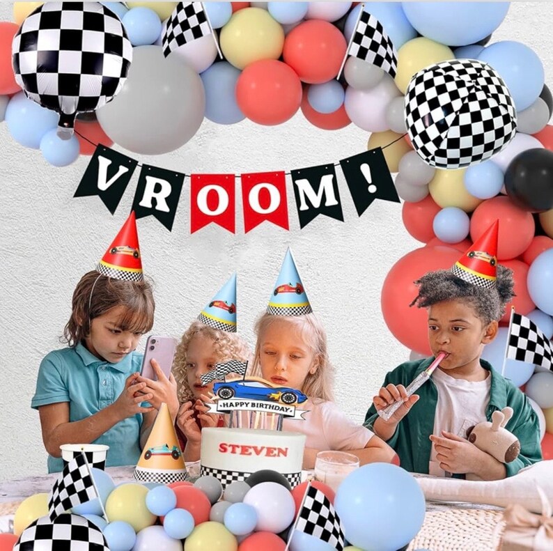 Race Balloon Garland Arch Kit Pastel Coral Gray Yellow Baby Blue Black White Balloons with Checkered Foil Balloons Tablecloth Flag Banner