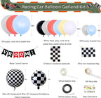 Race Balloon Garland Arch Kit Pastel Coral Gray Yellow Baby Blue Black White Balloons with Checkered Foil Balloons Tablecloth Flag Banner