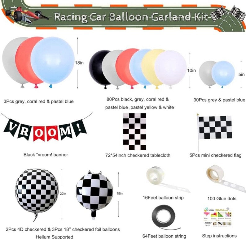 Race Balloon Garland Arch Kit Pastel Coral Gray Yellow Baby Blue Black White Balloons with Checkered Foil Balloons Tablecloth Flag Banner