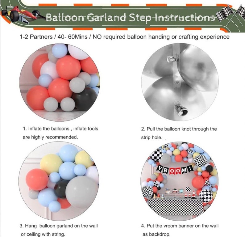 Race Balloon Garland Arch Kit Pastel Coral Gray Yellow Baby Blue Black White Balloons with Checkered Foil Balloons Tablecloth Flag Banner