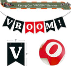 Race Balloon Garland Arch Kit Pastel Coral Gray Yellow Baby Blue Black White Balloons with Checkered Foil Balloons Tablecloth Flag Banner
