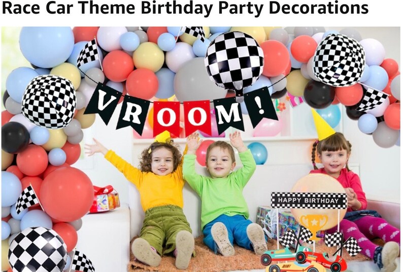 Race Balloon Garland Arch Kit Pastel Coral Gray Yellow Baby Blue Black White Balloons with Checkered Foil Balloons Tablecloth Flag Banner