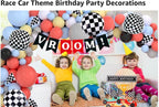 Race Balloon Garland Arch Kit Pastel Coral Gray Yellow Baby Blue Black White Balloons with Checkered Foil Balloons Tablecloth Flag Banner