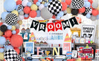 Race Balloon Garland Arch Kit Pastel Coral Gray Yellow Baby Blue Black White Balloons with Checkered Foil Balloons Tablecloth Flag Banner