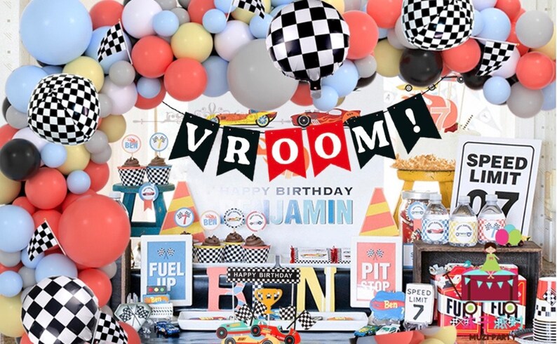 Race Balloon Garland Arch Kit Pastel Coral Gray Yellow Baby Blue Black White Balloons with Checkered Foil Balloons Tablecloth Flag Banner