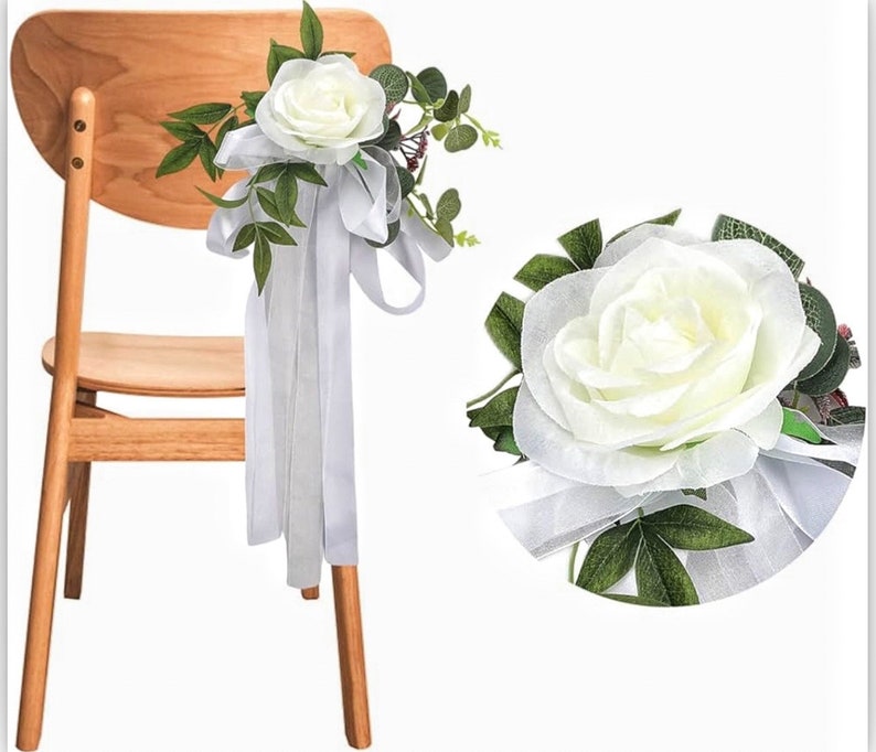 6PCS Wedding Aisle Chair Decorations Pew Flowers Rose Floral Wedding Chair Back Flowers with Leaves & Ribbons Church Chair Bench Pew Flowers