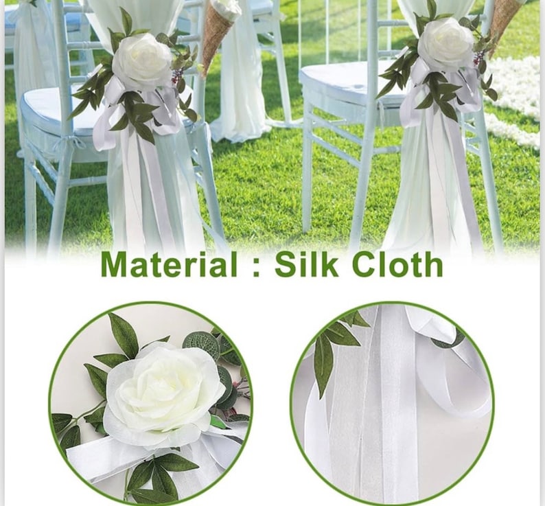 6PCS Wedding Aisle Chair Decorations Pew Flowers Rose Floral Wedding Chair Back Flowers with Leaves & Ribbons Church Chair Bench Pew Flowers