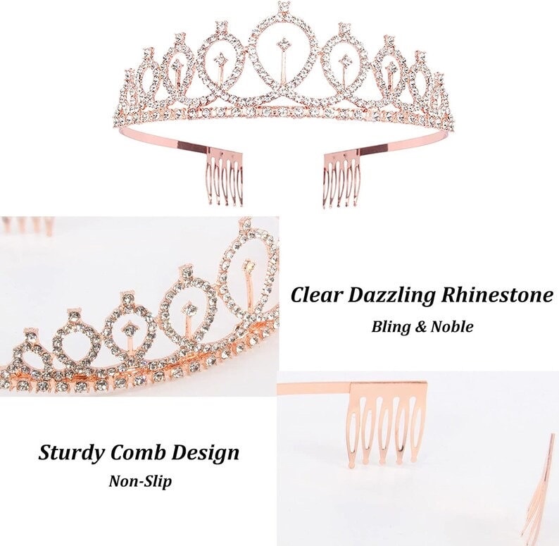 Birthday Crown and Sash for Women Birthday Queen Sash & Rhinestone Tiara Set and Sashes for Decorations Rose Gold Birthday Queen