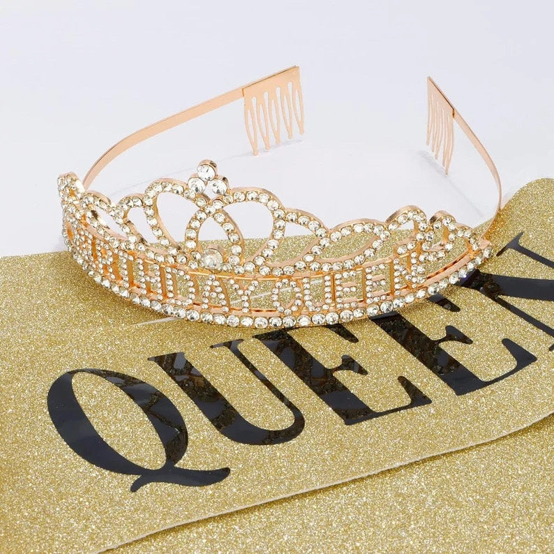 Gold Birthday Crowns for Women Birthday Queen Sash and Tiara for Women Gold Birthday Party Decorations for Women Birthday Sash and Crown