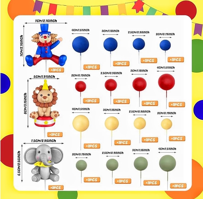 19PCS Circus Cake Decoration Circus Birthday Cake Decorations Balls Cake Picks for Carnival Birthday Party Supplies Circus Baby Shower Decor