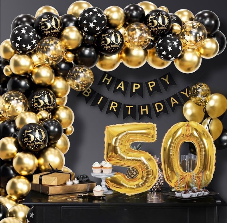 50th Birthday Decorations with Happy 50th Birthday Decorations Banner 50 balloon number, Black and Gold 50th Birthday Balloons Arch Kit
