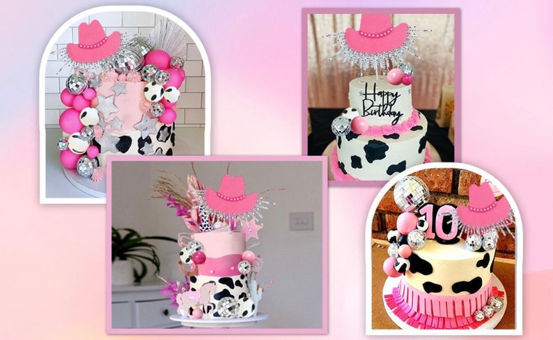 Cowgirl Cake Topper Hot Pink Girl Cake Decoration Shiny Cowgirl Hat Disco Balls for Western Theme Party Cowgirl Birthday Party Supplies