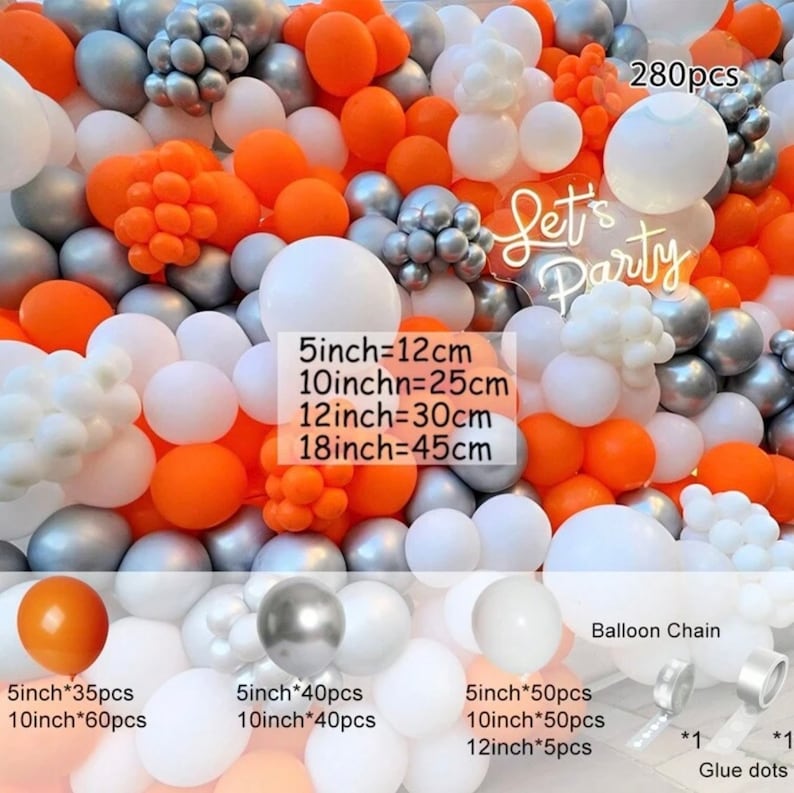 Orange White Balloon Garland Arch Kit 280pcs Orange Metallic Silver  Latex Balloons for Birthday Baby Shower Wedding Party Decorations