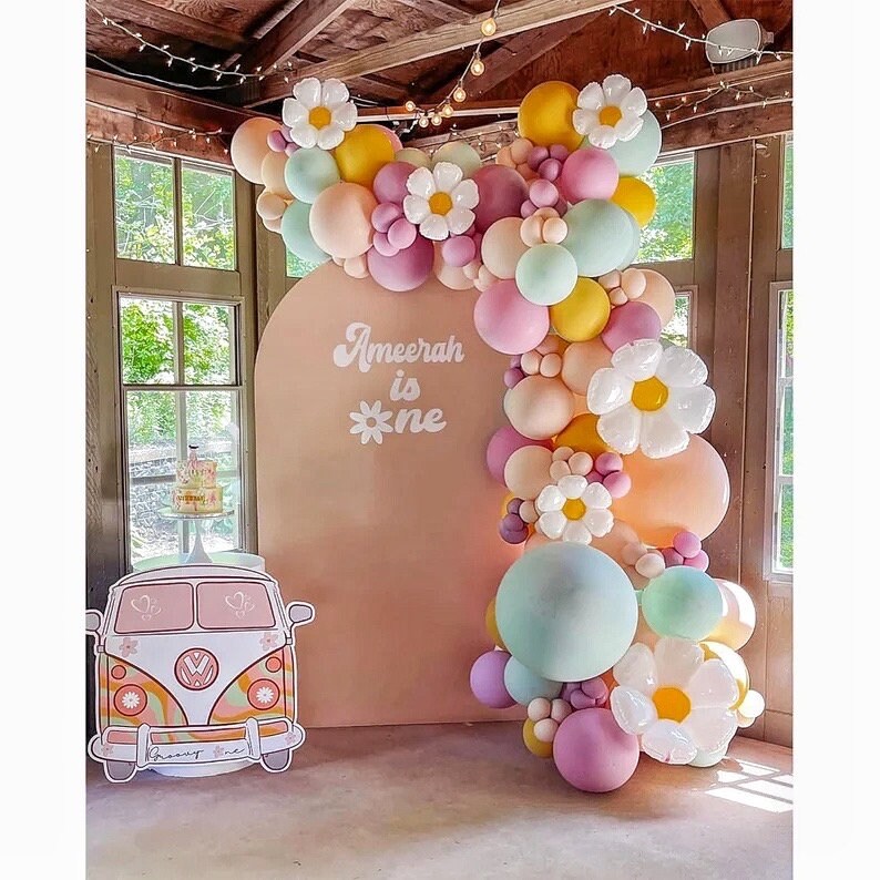 Daisy Balloon Garland Kit - 140pcs White Groovy Daisy Flower Macaron Pastel Balloons Garland for Boho Two Groovy Girls Birthday Baby Shower