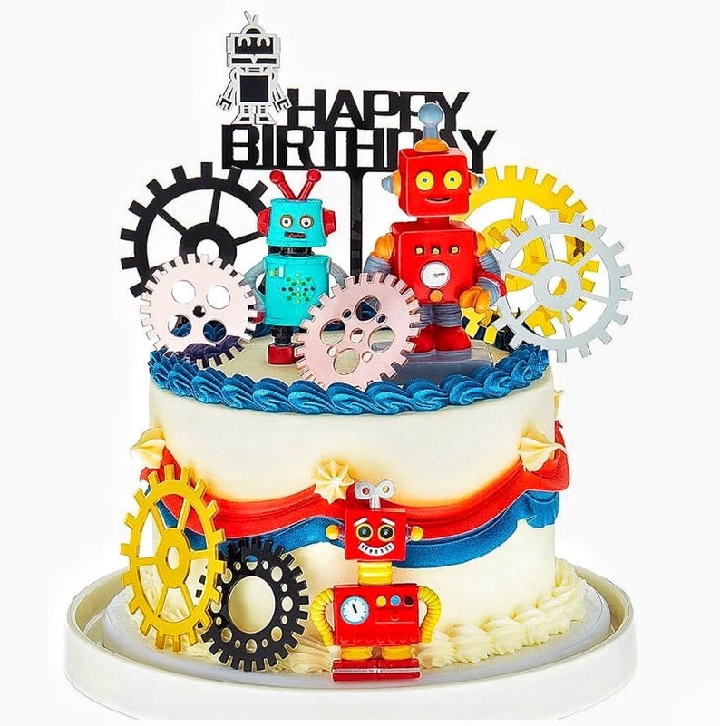 11 Pcs Robot Cake Toppers for Boys Robot Birthday Cake Topper Gear Happy Birthday Robot Cake Cupcake Decorations for Robot Birthday Party