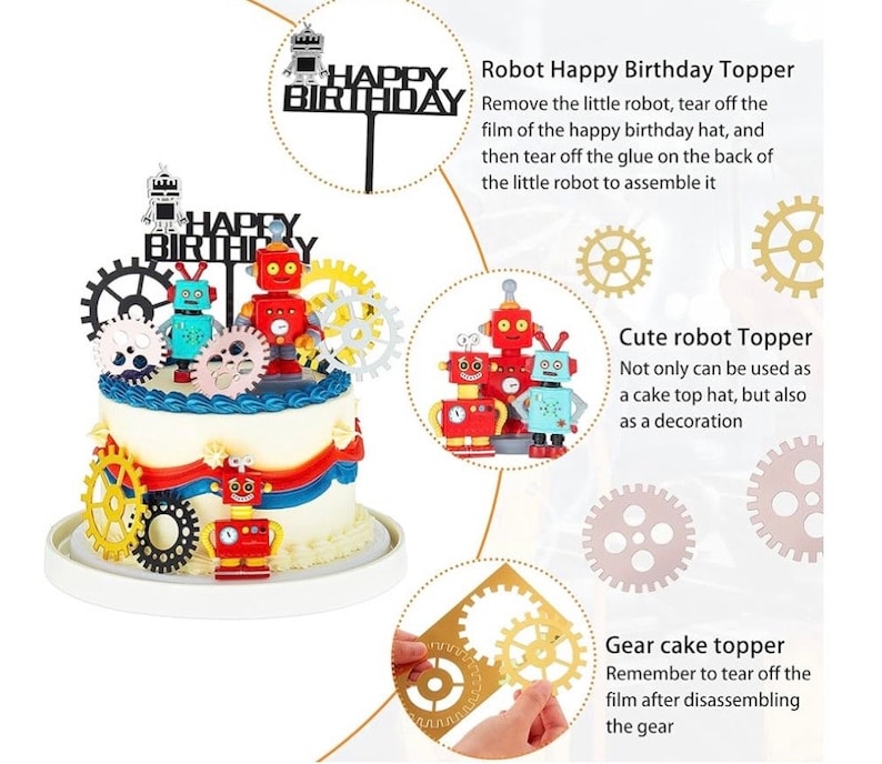 11 Pcs Robot Cake Toppers for Boys Robot Birthday Cake Topper Gear Happy Birthday Robot Cake Cupcake Decorations for Robot Birthday Party