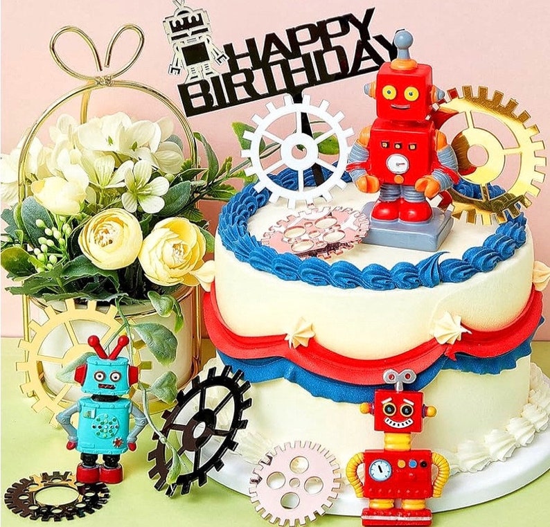 11 Pcs Robot Cake Toppers for Boys Robot Birthday Cake Topper Gear Happy Birthday Robot Cake Cupcake Decorations for Robot Birthday Party
