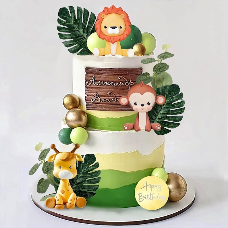 Safari Animals Cake Topper, Jungle Birthday Cake Decorations, Lion Giraffe Monkey Topper, Wild One Baby Shower Party Decor