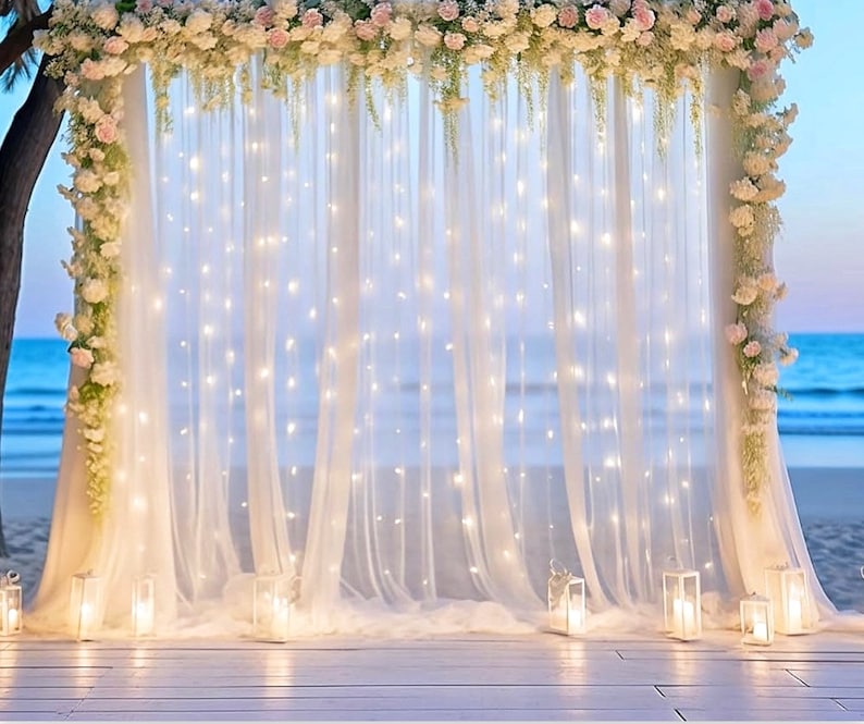 White Sheer Tulle Backdrop Curtain with Lights String- Wedding Backdrop Decorations for Reception Ceremony Home Party Photoshoot Background