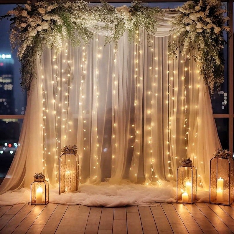 White Sheer Tulle Backdrop Curtain with Lights String- Wedding Backdrop Decorations for Reception Ceremony Home Party Photoshoot Background