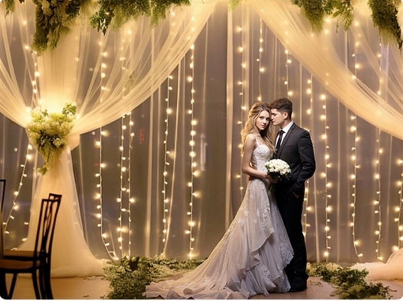 White Sheer Tulle Backdrop Curtain with Lights String- Wedding Backdrop Decorations for Reception Ceremony Home Party Photoshoot Background