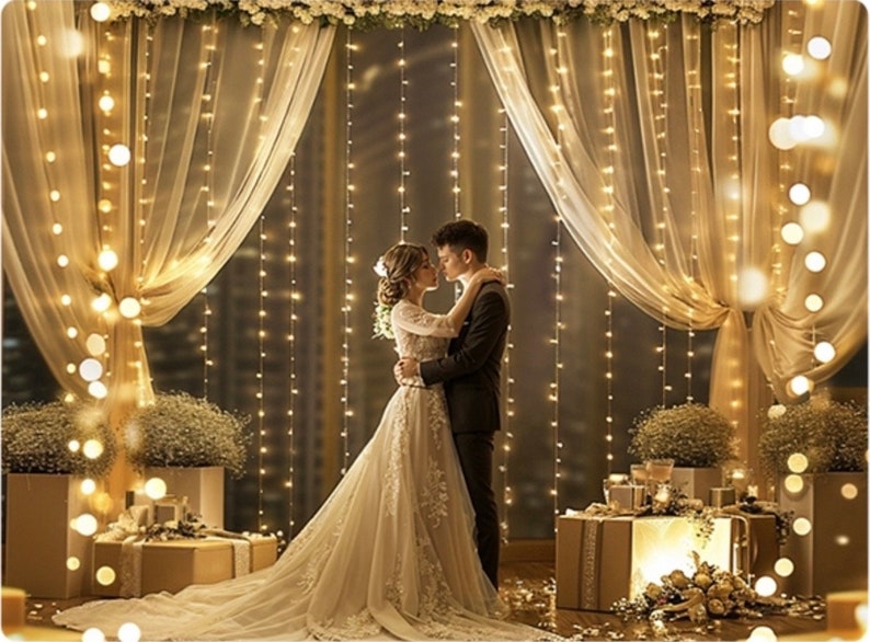 White Sheer Tulle Backdrop Curtain with Lights String- Wedding Backdrop Decorations for Reception Ceremony Home Party Photoshoot Background