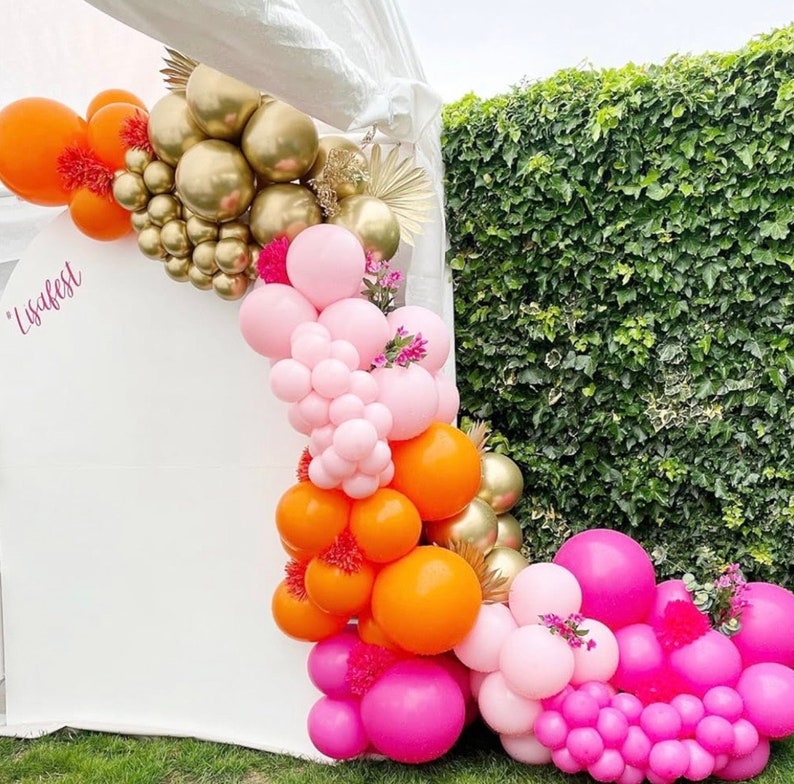 Pink Orange Balloon Garland Arch Kit, 124pcs Hot Pink Orange Chrome Metallic Gold Latex Balloons for Birthday Wedding Baby Shower Tropical