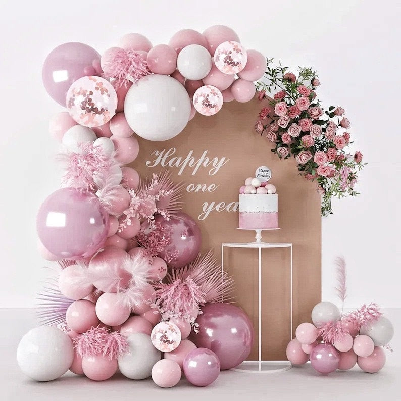 Pink White Balloons Garland Arch Kit 133 PCS Metallic Pink Gold Confetti Latex Balloons for Baby Girl Shower