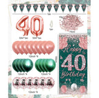 Rose Gold Green Birthday Party Decorations for 40 Years Old Women , Confetti Foil Balloons,Happy Birthday Banner for 40th Supplies Decor