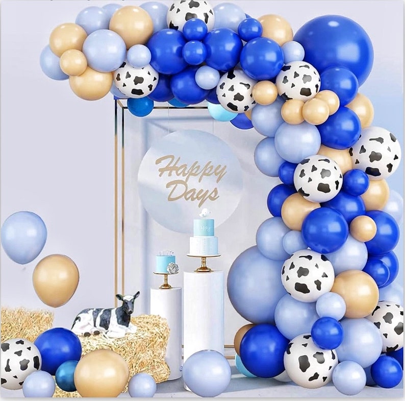 Blue Balloon Garland Kit with Cow Print | Farm Birthday Balloon Arch | Blue Gold Balloon Arch Kit | Baby Boy Party Decorations | Balloon