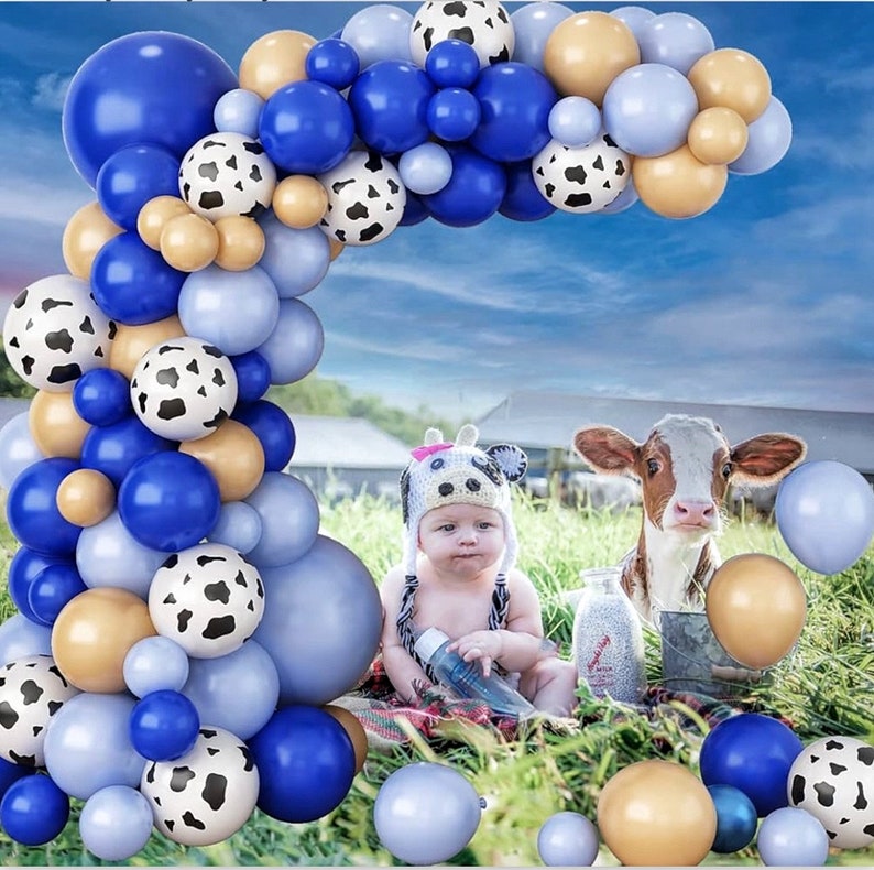 Blue Balloon Garland Kit with Cow Print | Farm Birthday Balloon Arch | Blue Gold Balloon Arch Kit | Baby Boy Party Decorations | Balloon