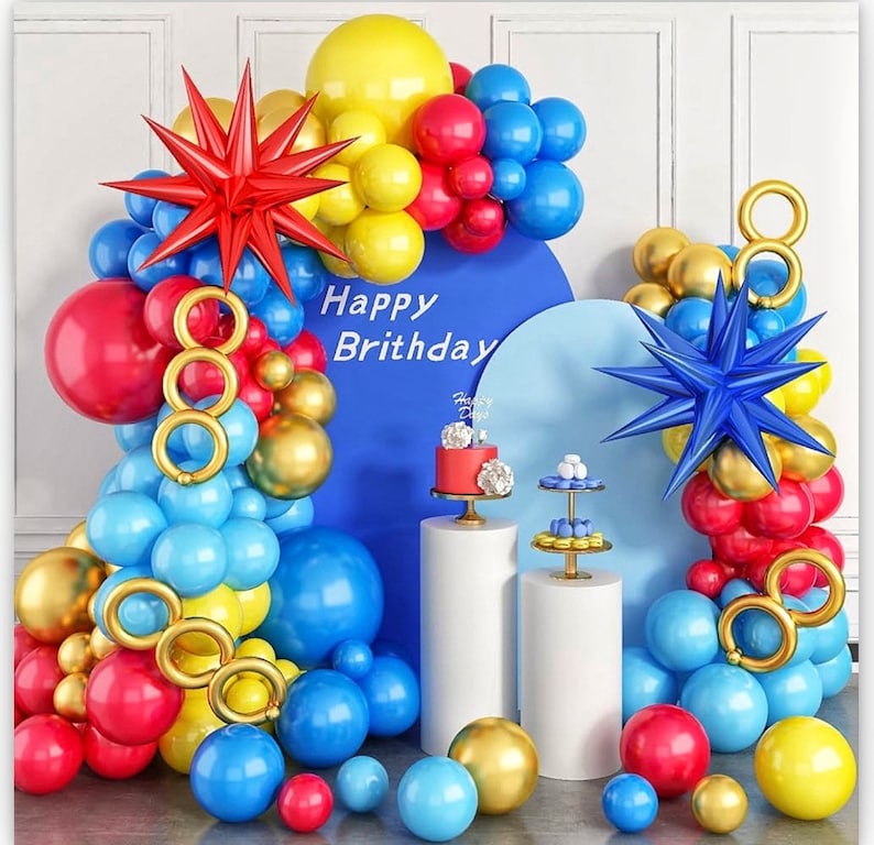 Red Blue Yellow Balloon arch kit, Carnival Red Blue Yellow Balloon Garland Latex Balloons with 2PCS 4D Star Foil Balloons for Cartoon Sonik