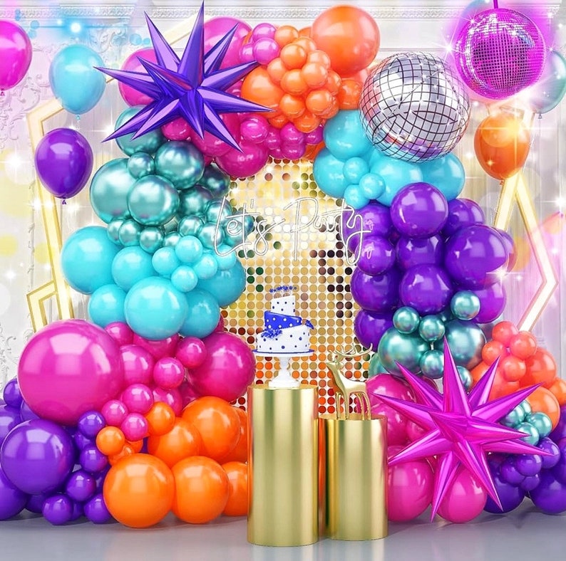 Disco Balloon Arch 125PCS 80s Balloon Arch Kit mit Hot Pink and Purple Teal Orange Metallic Green Balloons 22in Disco Ball Balloons
