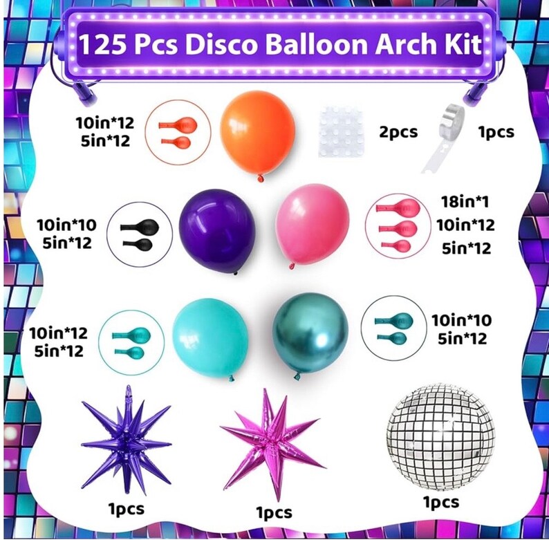 Disco Balloon Arch 125PCS 80s Balloon Arch Kit mit Hot Pink and Purple Teal Orange Metallic Green Balloons 22in Disco Ball Balloons