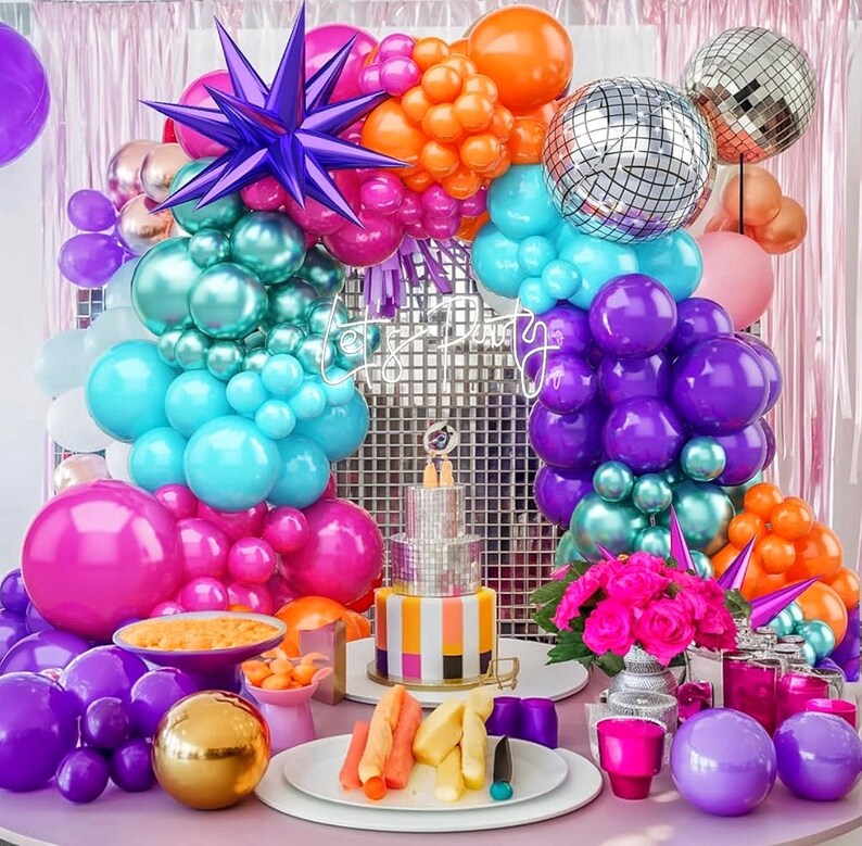 Disco Balloon Arch 125PCS 80s Balloon Arch Kit mit Hot Pink and Purple Teal Orange Metallic Green Balloons 22in Disco Ball Balloons