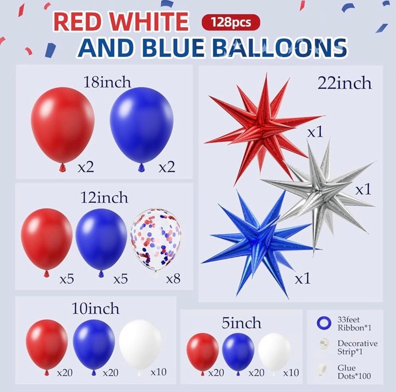 Red White and Blue Balloons Garland Arch Kit, Red White Blue Confetti Latex Balloons for 4th of July Graduation Baseball Birthday  Party