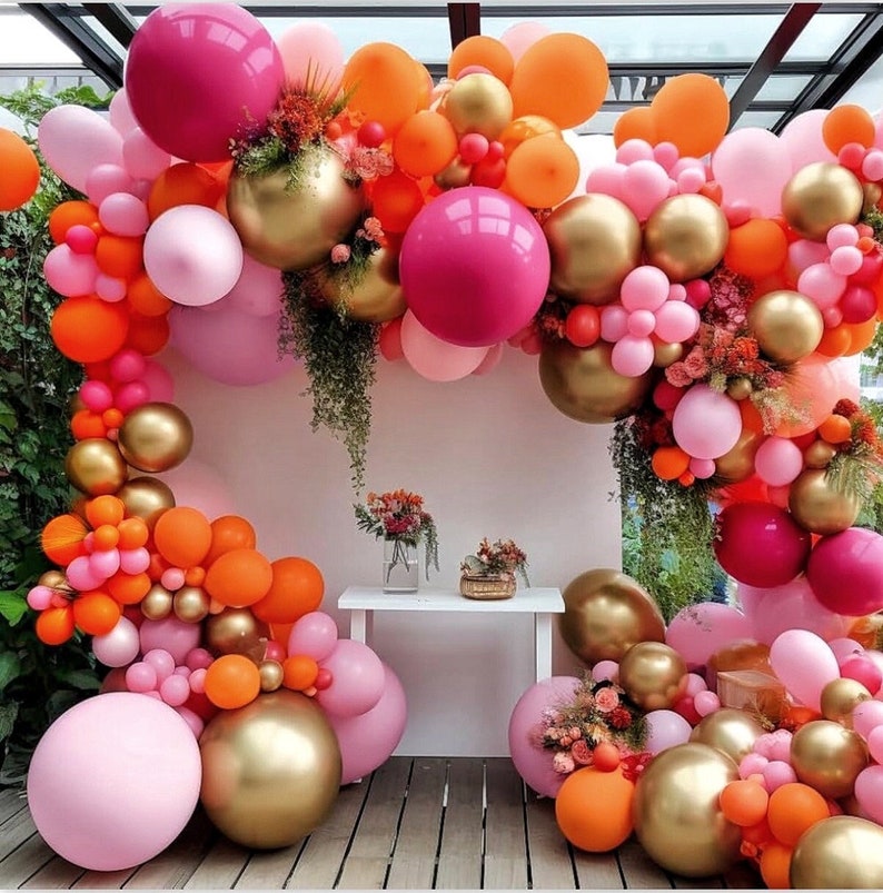 Hot Pink Orange Balloon Garland Matte Orange Pink Gold Metallic Balloons Light Pink Gold Balloon Arch Kit forTropical Luau Wildflower Party