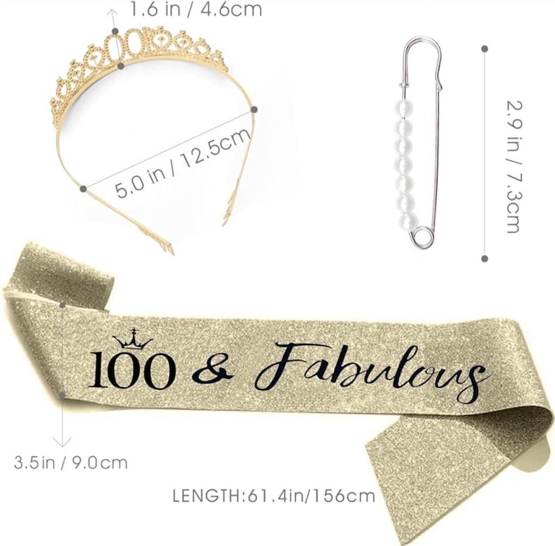 100th Birthday Sash & Rhinestone Tiara Set, 100 Year Old Birthday Gifts for Her Birthday Crown Party Decorations for Women