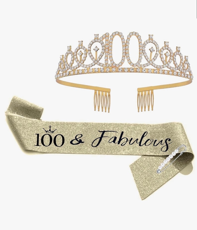 100th Birthday Sash & Rhinestone Tiara Set, 100 Year Old Birthday Gifts for Her Birthday Crown Party Decorations for Women