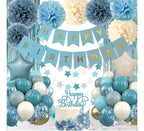 Blue Birthday Decorations - Blue Party Decor Balloons with Happy Birthday Banner Fringe Curtain Background Blue Pom Poms Light Blue Birthday