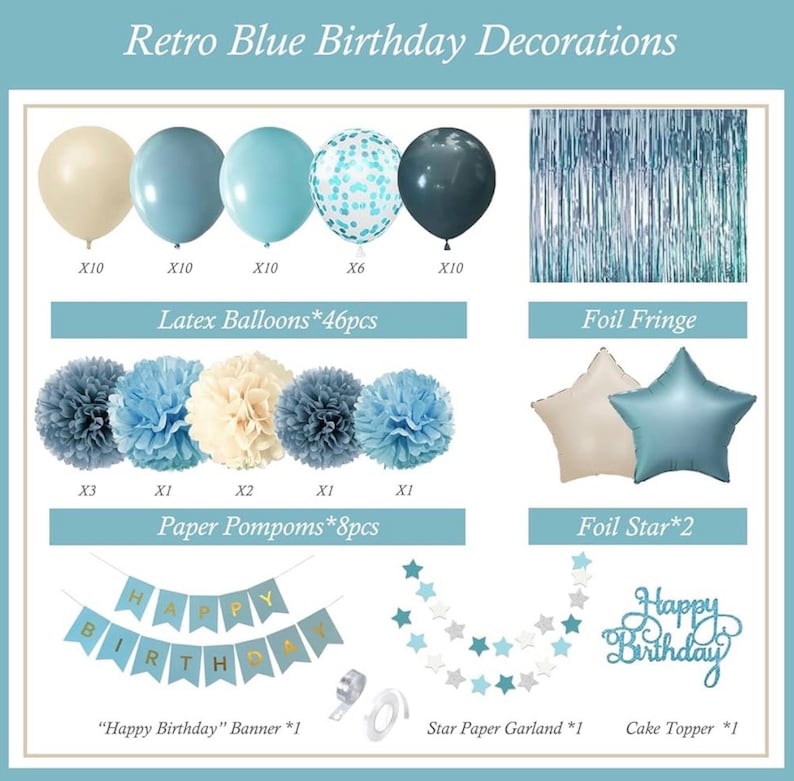 Blue Birthday Decorations - Blue Party Decor Balloons with Happy Birthday Banner Fringe Curtain Background Blue Pom Poms Light Blue Birthday