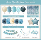 Blue Birthday Decorations - Blue Party Decor Balloons with Happy Birthday Banner Fringe Curtain Background Blue Pom Poms Light Blue Birthday