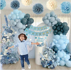 Blue Birthday Decorations - Blue Party Decor Balloons with Happy Birthday Banner Fringe Curtain Background Blue Pom Poms Light Blue Birthday