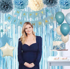 Blue Birthday Decorations - Blue Party Decor Balloons with Happy Birthday Banner Fringe Curtain Background Blue Pom Poms Light Blue Birthday