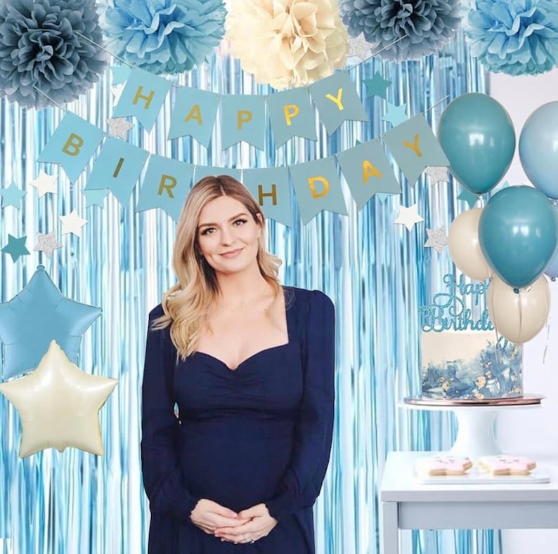 Blue Birthday Decorations - Blue Party Decor Balloons with Happy Birthday Banner Fringe Curtain Background Blue Pom Poms Light Blue Birthday