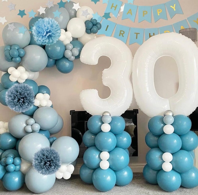Blue Birthday Decorations - Blue Party Decor Balloons with Happy Birthday Banner Fringe Curtain Background Blue Pom Poms Light Blue Birthday