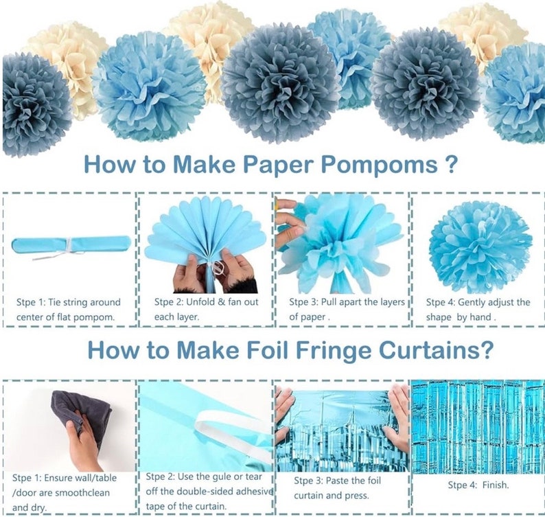 Blue Birthday Decorations - Blue Party Decor Balloons with Happy Birthday Banner Fringe Curtain Background Blue Pom Poms Light Blue Birthday