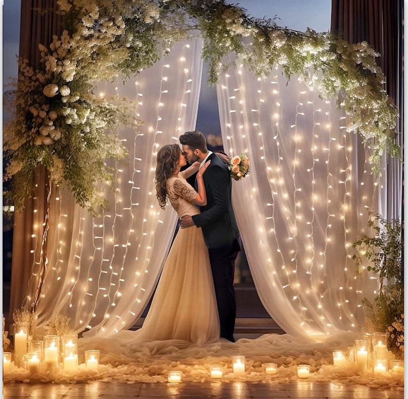 White Sheer Tulle Backdrop Curtain with Lights String- Wedding Backdrop Decorations for Reception Ceremony Home Party Photoshoot Background